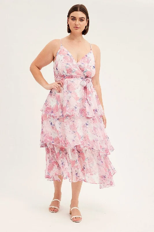 Pink Floral Midi Dress Shoestring Frill Chiffon Print