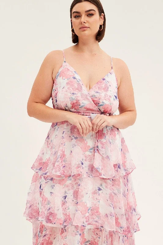 Pink Floral Midi Dress Shoestring Frill Chiffon Print