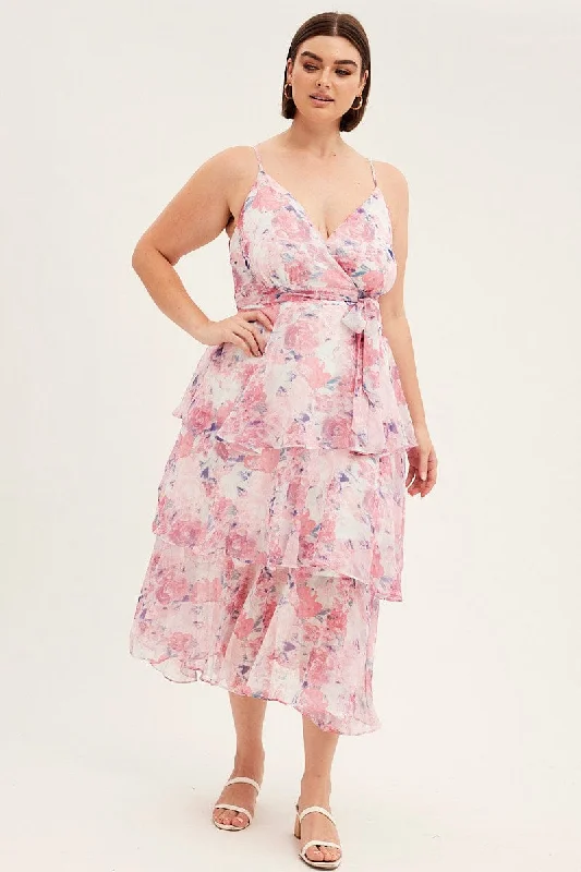 Pink Floral Midi Dress Shoestring Frill Chiffon Print