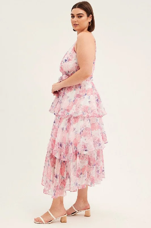 Pink Floral Midi Dress Shoestring Frill Chiffon Print