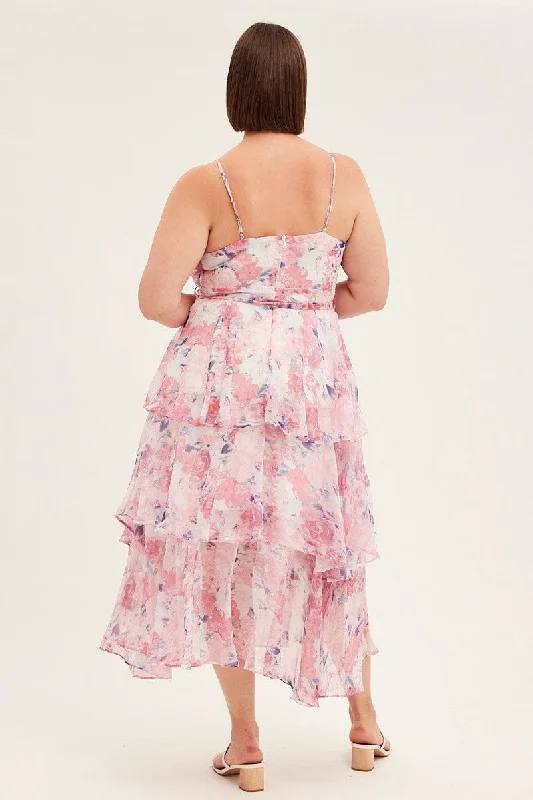 Pink Floral Midi Dress Shoestring Frill Chiffon Print