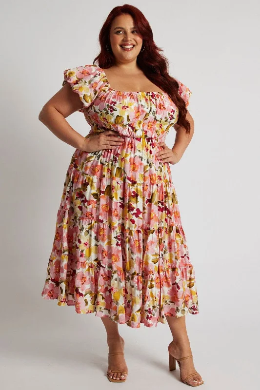 Pink Floral Midi Dress Short Sleeve Ruched