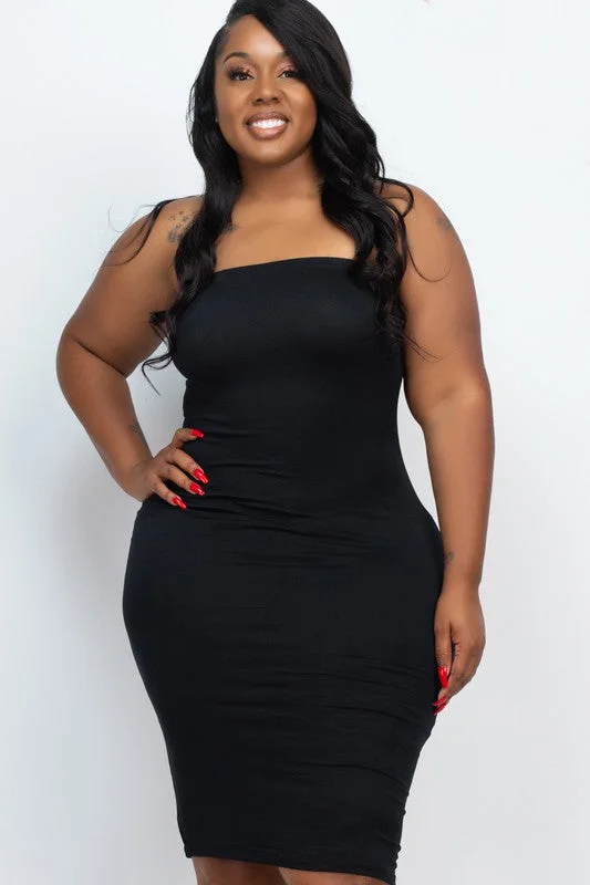 Hi Curvy Plus Size Women Solid Strapless Tube Bodycon Midi Dress