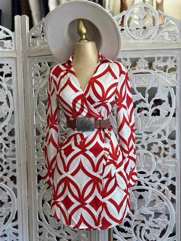 Red Pattern Collard Wrapped Dress- Not Stretchy