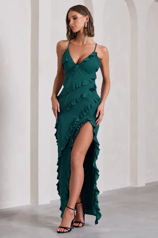 Run The World | Bottle Green Sweetheart Neckline Ruffle Maxi Dress