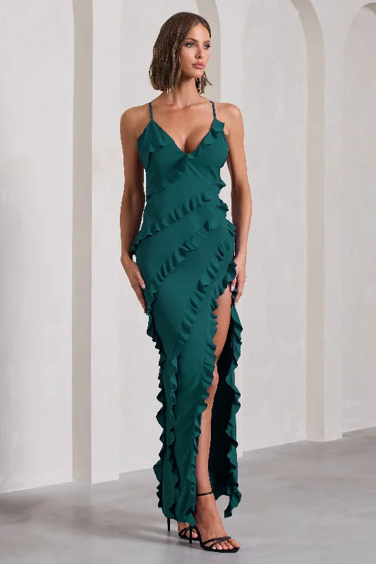 Run The World | Bottle Green Sweetheart Neckline Ruffle Maxi Dress