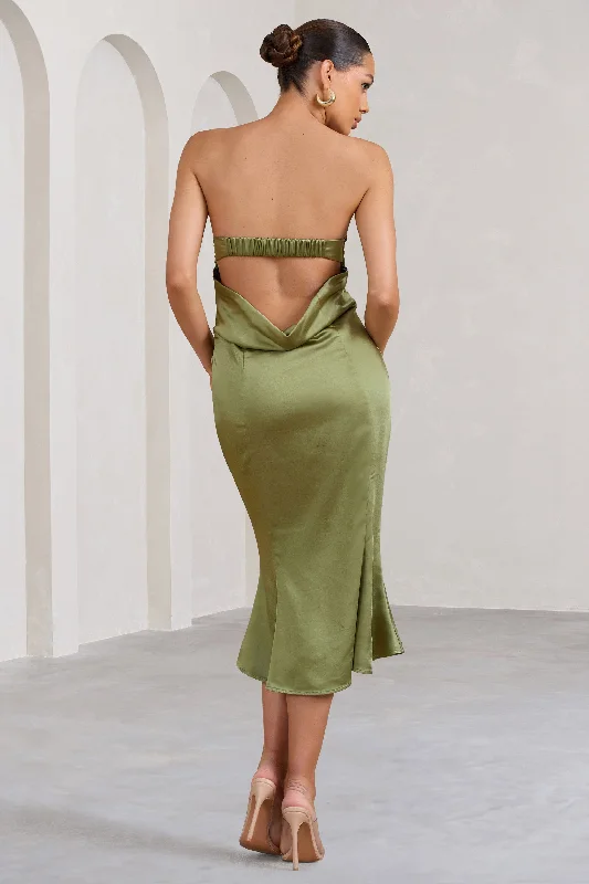 Sauvignon | Olive Satin Bandeau Midi Dress With Cowl Back