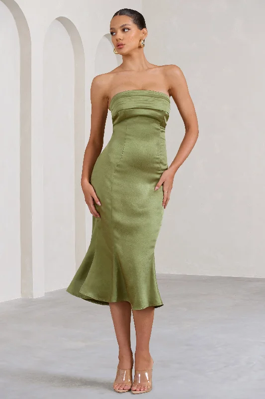 Sauvignon | Olive Satin Bandeau Midi Dress With Cowl Back