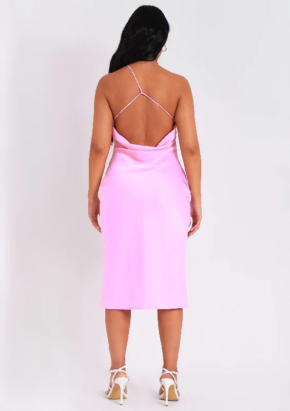 Velma Baby Pink One Shoulder Satin Low Back Midi Dress