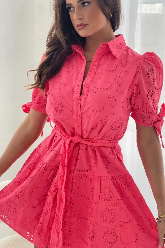 Victoria Broidery Mini Shirt Dress Coral