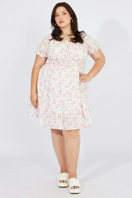 White Floral Fit And Flare Dress Short Sleeve Ruched Bust