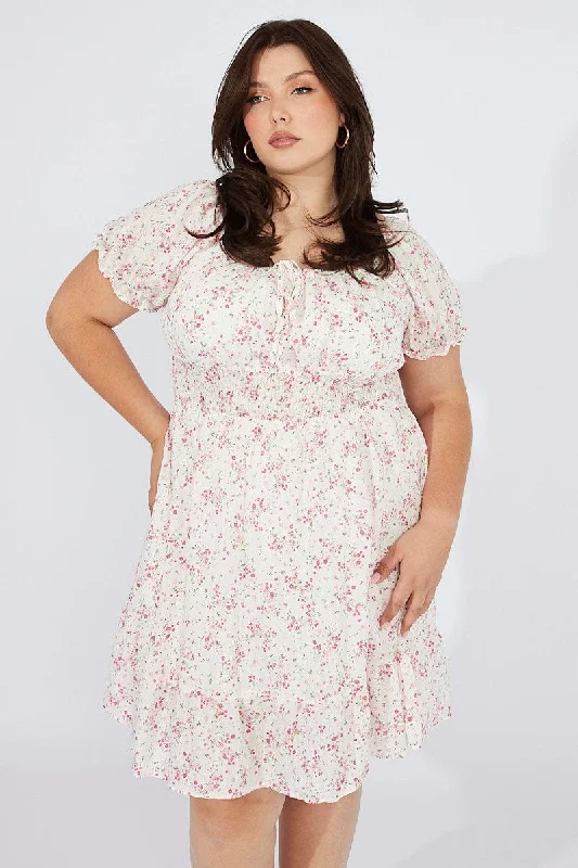 White Floral Fit And Flare Dress Short Sleeve Ruched Bust