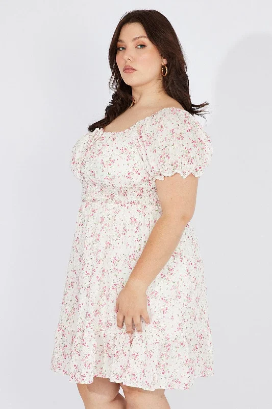 White Floral Fit And Flare Dress Short Sleeve Ruched Bust