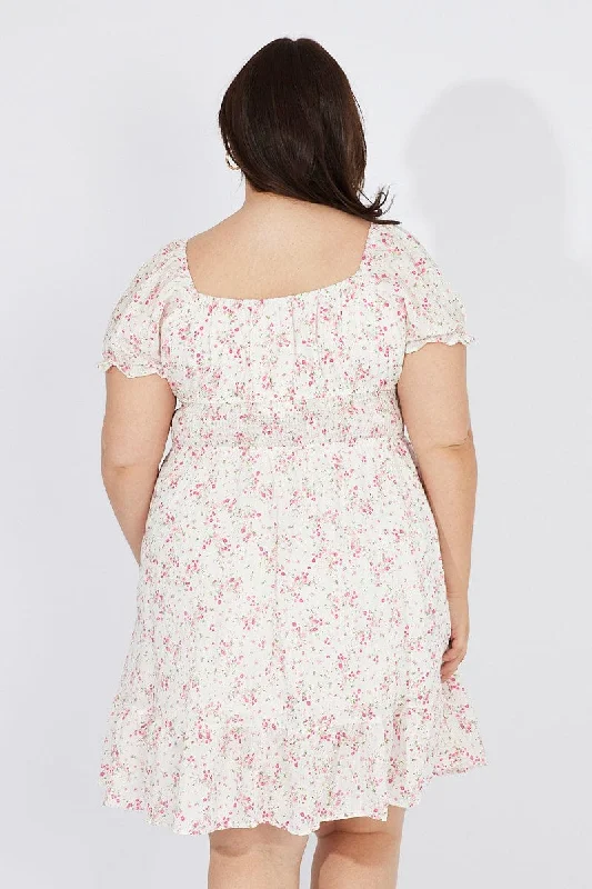 White Floral Fit And Flare Dress Short Sleeve Ruched Bust