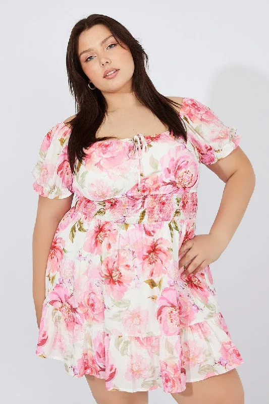 White Floral Fit And Flare Dress Short Sleeve Ruched Bust