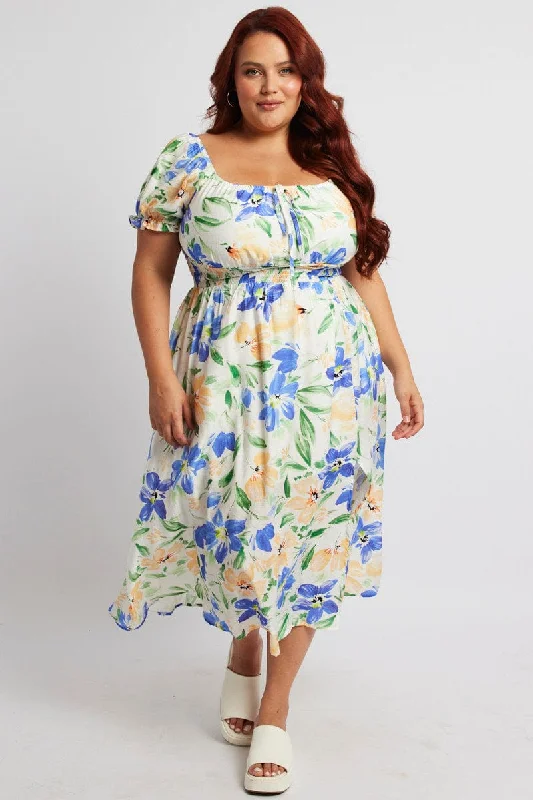 White Floral Midi Dress Short Sleeve Ruched Bust