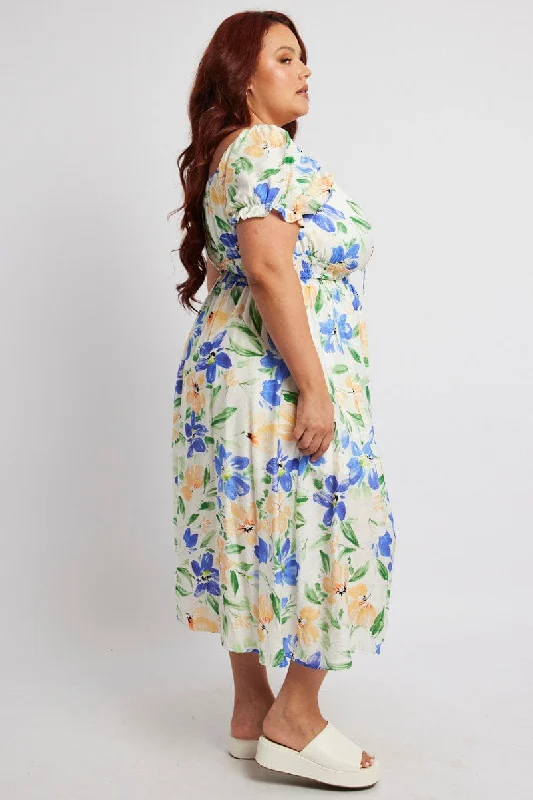 White Floral Midi Dress Short Sleeve Ruched Bust