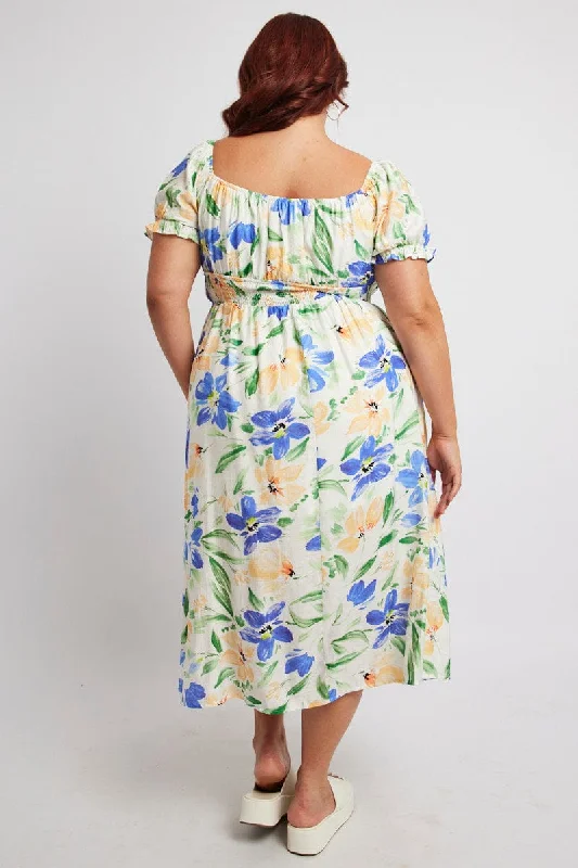 White Floral Midi Dress Short Sleeve Ruched Bust