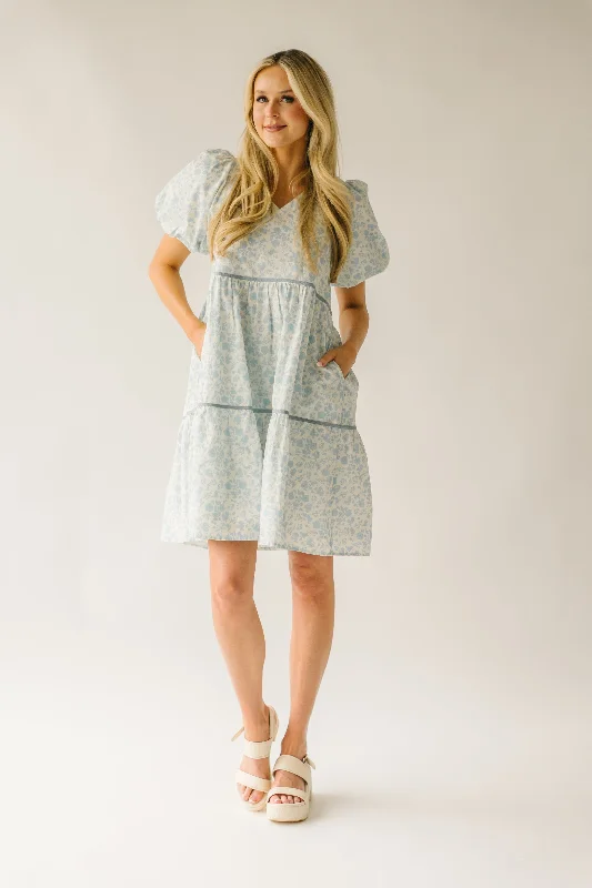 The Tania Floral Babydoll Dress in Dusty Blue