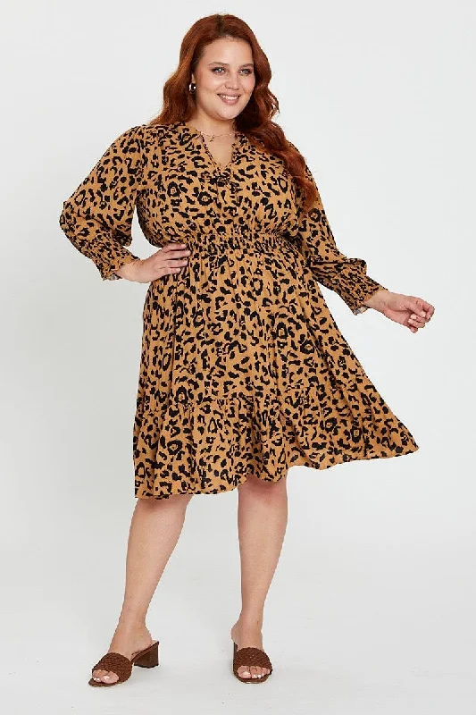 Animal Print Midi Dress V-neck Long Sleeve