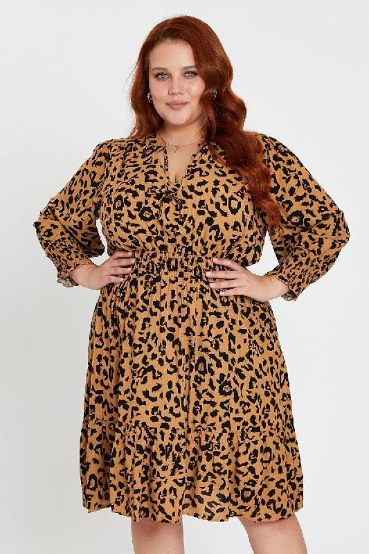 Animal Print Midi Dress V-neck Long Sleeve