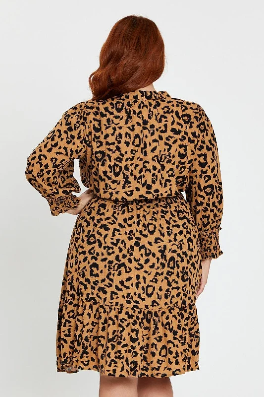 Animal Print Midi Dress V-neck Long Sleeve