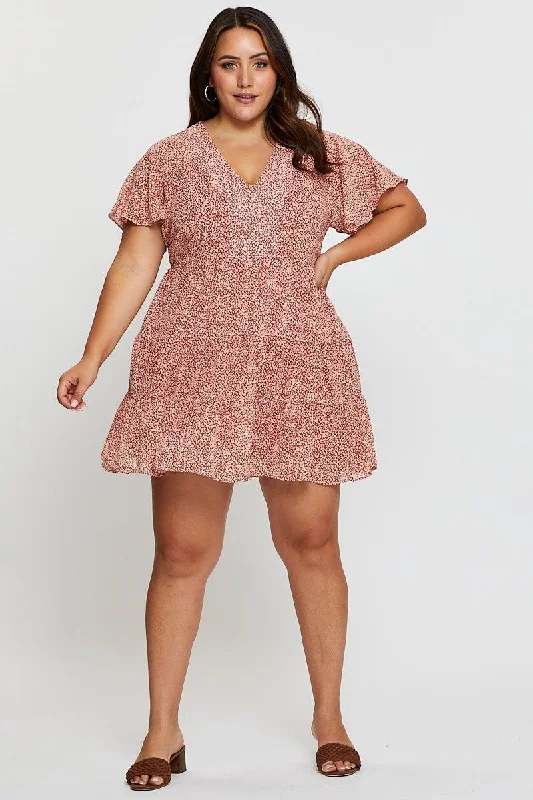 Animal Print Skater Dress V-neck Short Sleeve