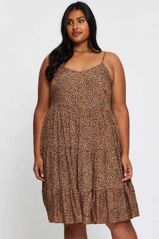 Animal Print Skater Dress V-neck Sleeveless Tie