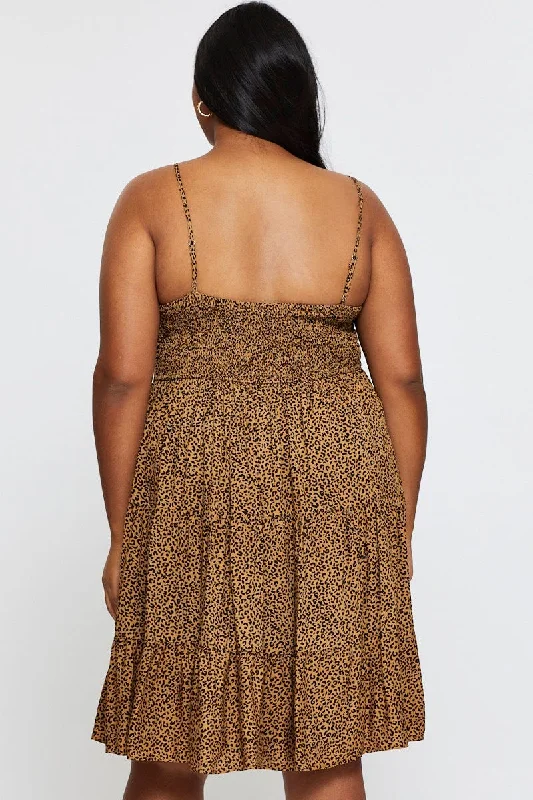 Animal Print Skater Dress V-neck Sleeveless Tie