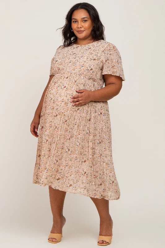 Beige Floral Pleated Chiffon Maternity Plus Midi Dress