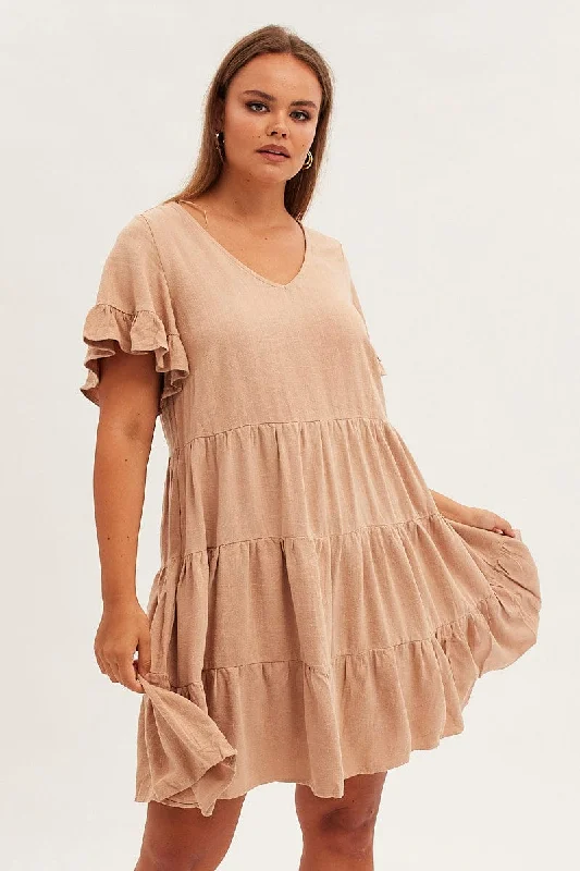 Beige Relaxed Dress Short Sleeve V-neck Linen Blend