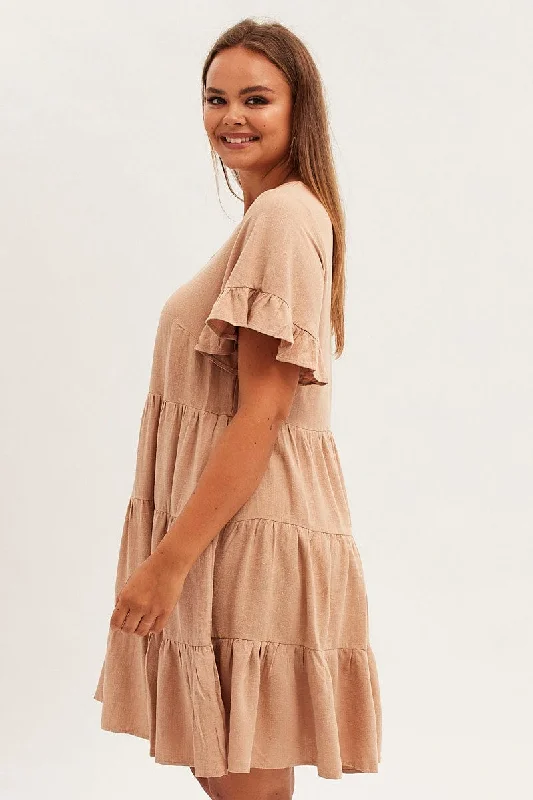 Beige Relaxed Dress Short Sleeve V-neck Linen Blend