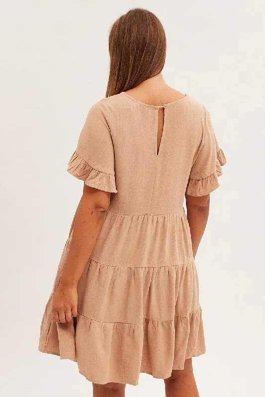 Beige Relaxed Dress Short Sleeve V-neck Linen Blend