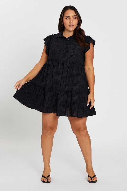 Black Short Frill Sleeve Textured Frill Black Shirtdress