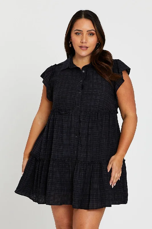 Black Short Frill Sleeve Textured Frill Black Shirtdress