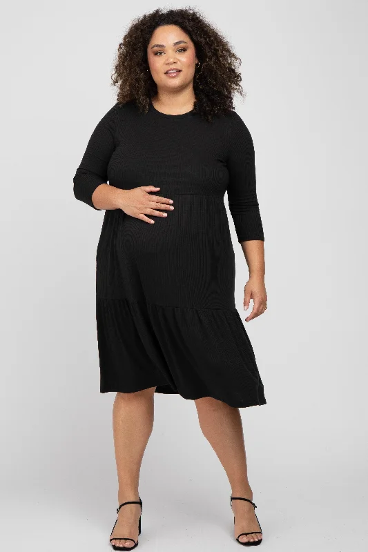 Black Tiered Ribbed 3/4 Sleeve Plus Maternity Midi Dress