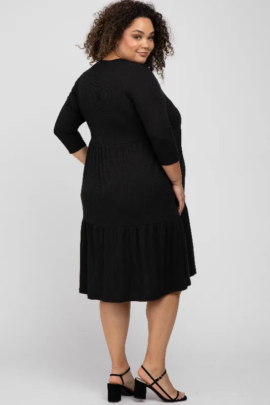 Black Tiered Ribbed 3/4 Sleeve Plus Maternity Midi Dress