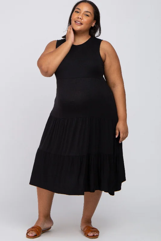 Black Tiered Sleeveless Maternity Plus Midi Dress