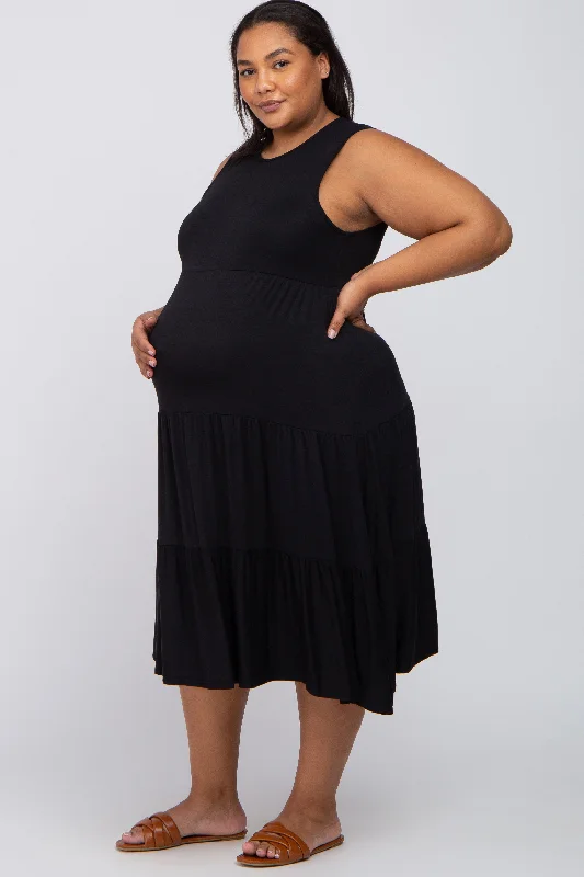 Black Tiered Sleeveless Maternity Plus Midi Dress