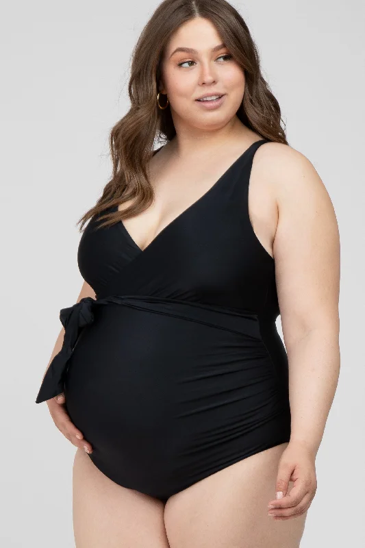 Black Waist Tie Maternity Plus One-Piece Swimsuit