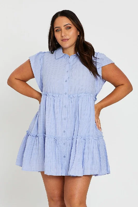 Blue Short Frill Sleeve Textured Frill Black Shirtdress