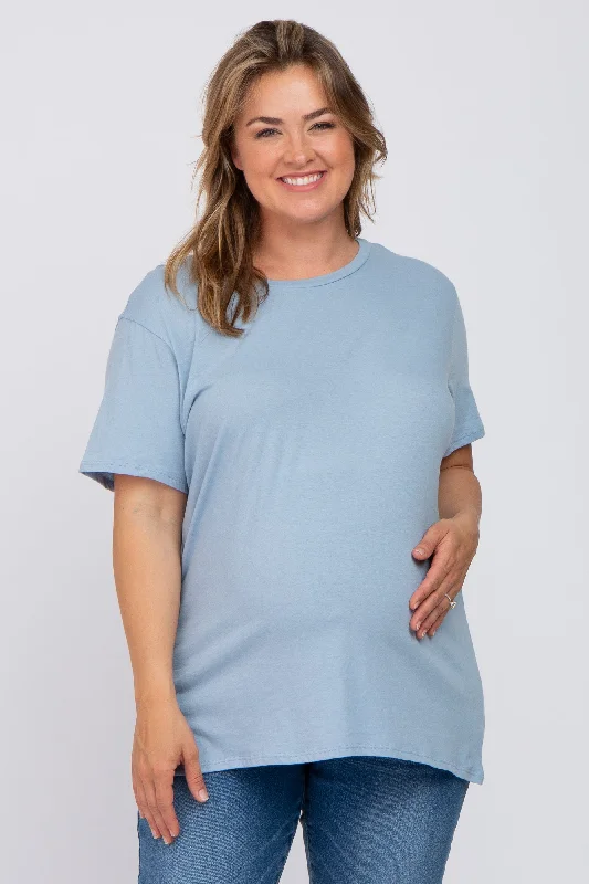 Blue Solid Short Sleeve Plus Maternity Top