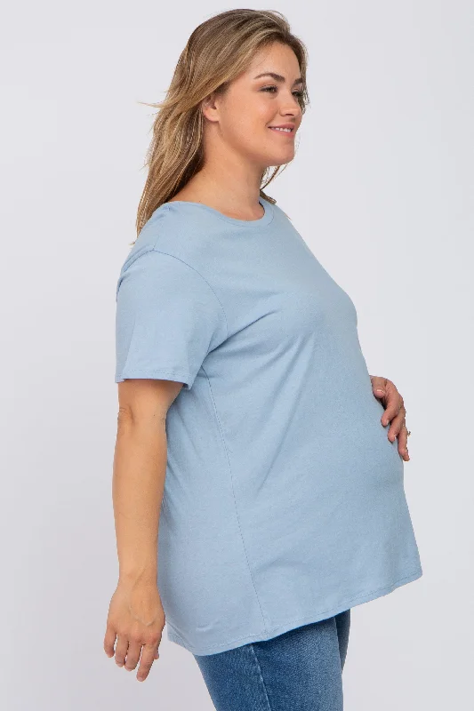 Blue Solid Short Sleeve Plus Maternity Top