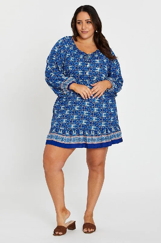 Boho Print Long Sleeve Elastic Waist Dress