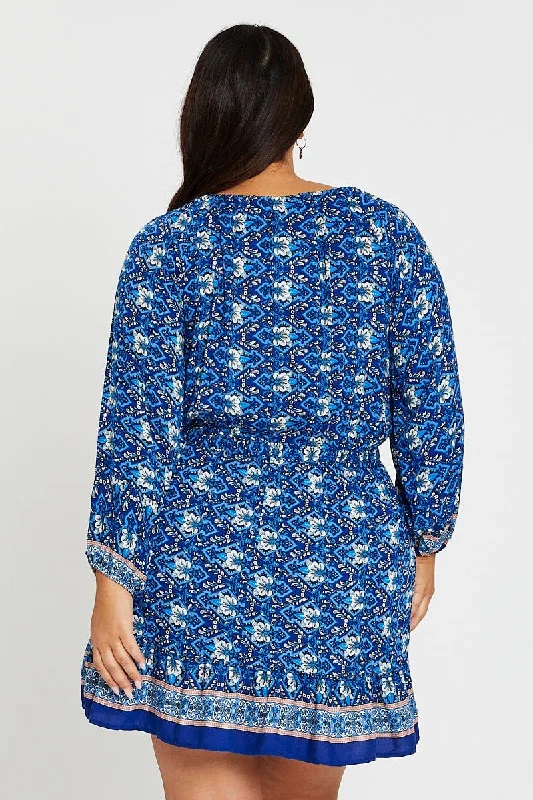 Boho Print Long Sleeve Elastic Waist Dress