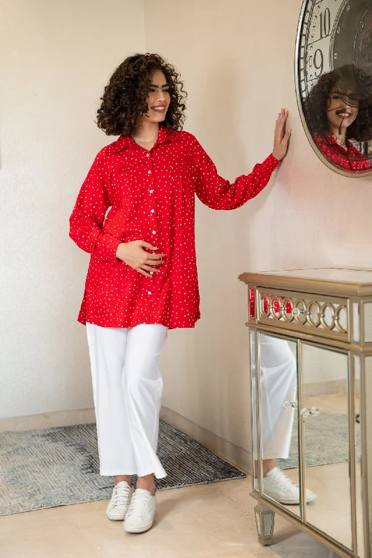 Breezy Cherry Red Gathered  Polka Maternity & Nursing Top