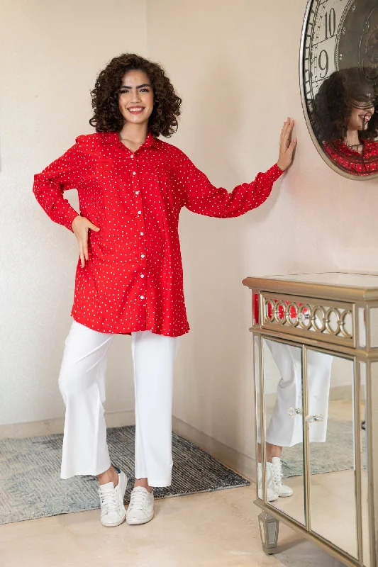 Breezy Cherry Red Gathered  Polka Maternity & Nursing Top