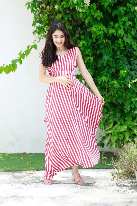 Breezy Red Striped Maternity & Nursing Long Maxi