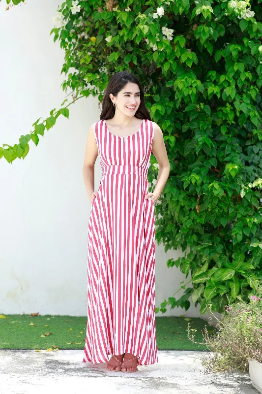 Breezy Red Striped Maternity & Nursing Long Maxi