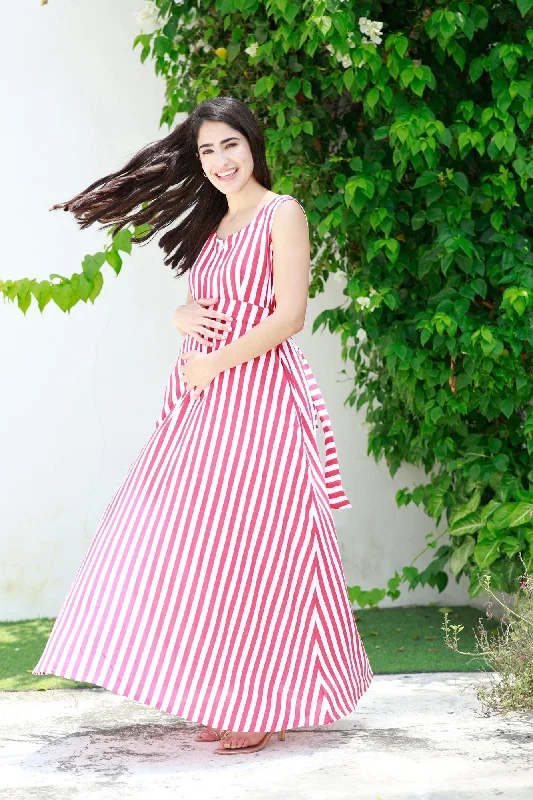 Breezy Red Striped Maternity & Nursing Long Maxi